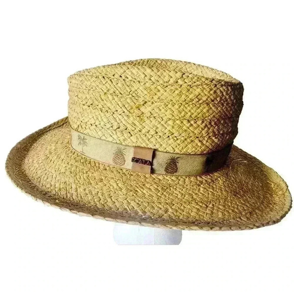 Scala Dorfman Pacific Co. Genuine Raffia Straw Hat Palm Tree Pineapple Band S/M - Picture 1 of 10